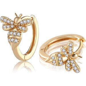 18K Gold Bee Earrings for Women Hypoallergenic Hoop with Zirconia, Silver/Gold